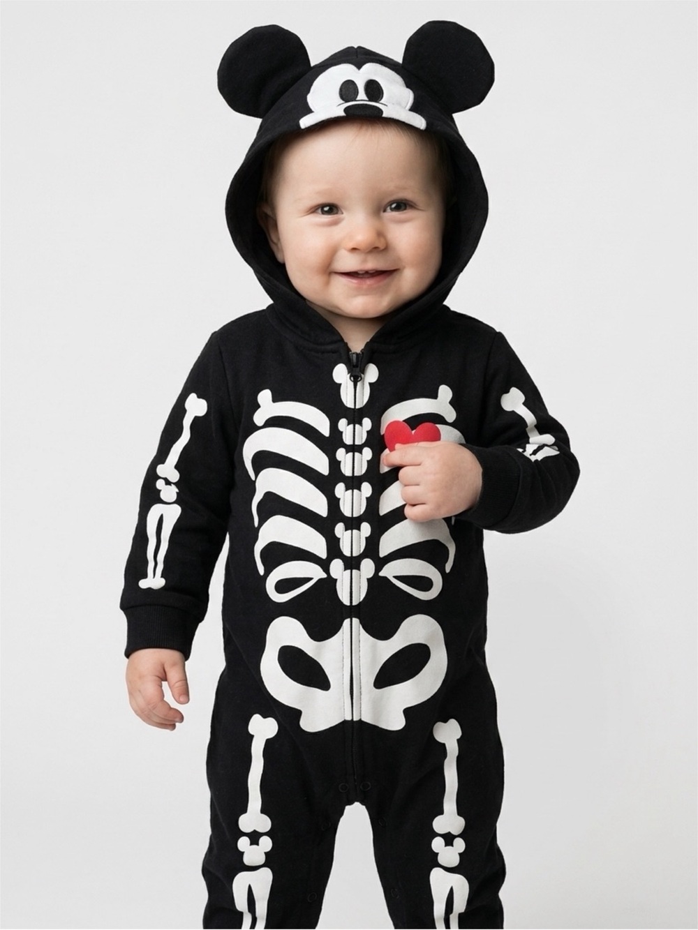 Disney Mickey Mouse Skeleton Hooded Coverall One-Piece 12-18M Black Halloween